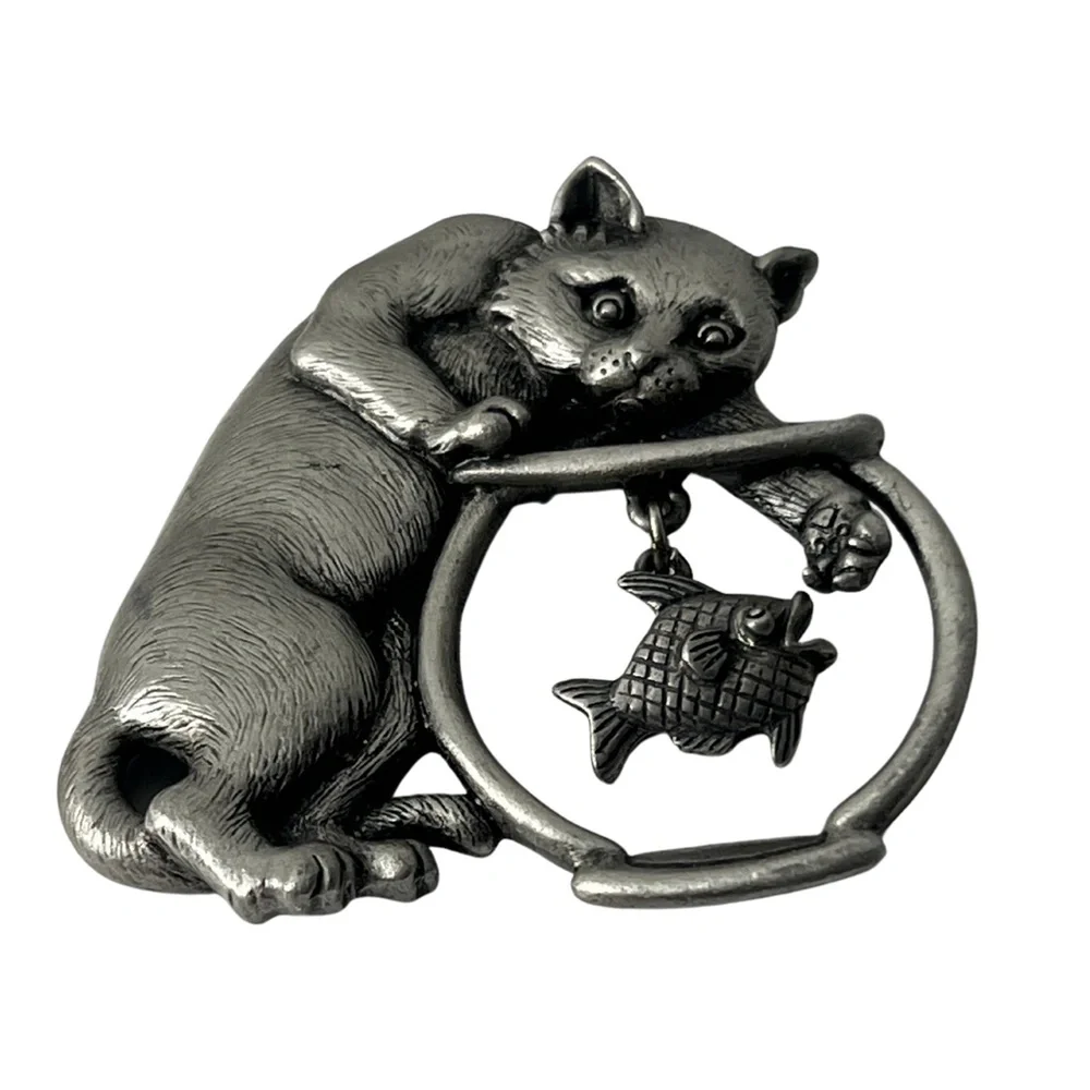 Vintage JJ Jonette Pewter Cat and Fish Bowl | Cat Lovers